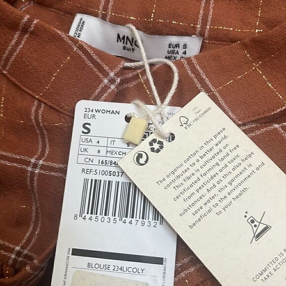 MANGO ORGANIC COTTON BLOUSE BROWN TAN CHECK PRINT GOLD METALLIC THREAD NWT SMALL - Picture 14 of 16
